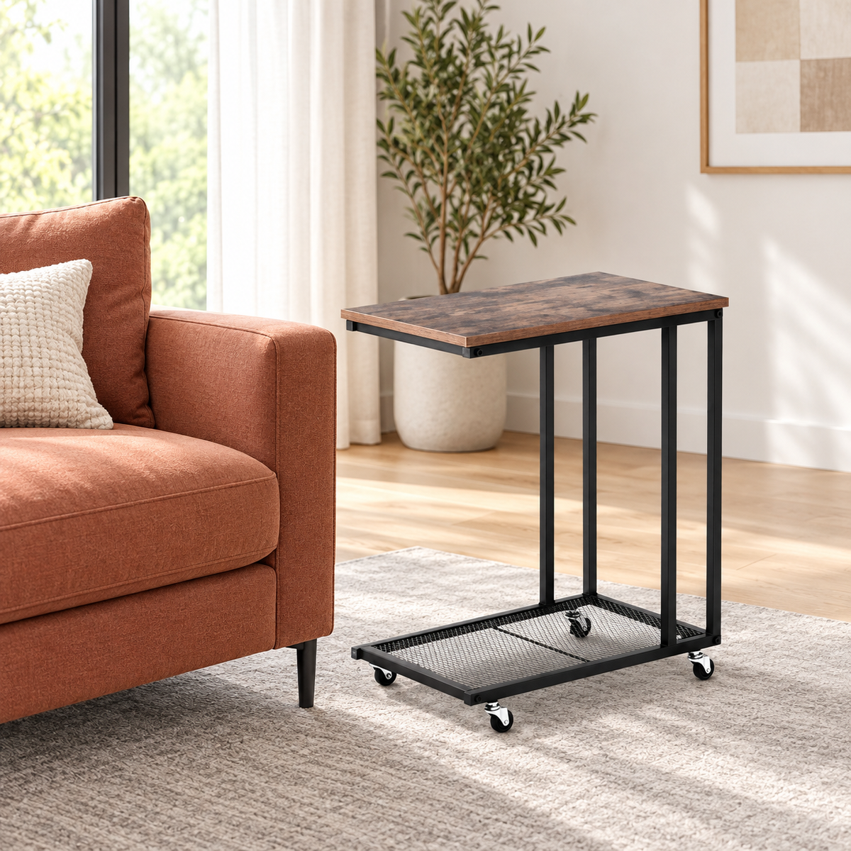 Coffee Table with Wheels – C-Shaped, Wood & Black Design