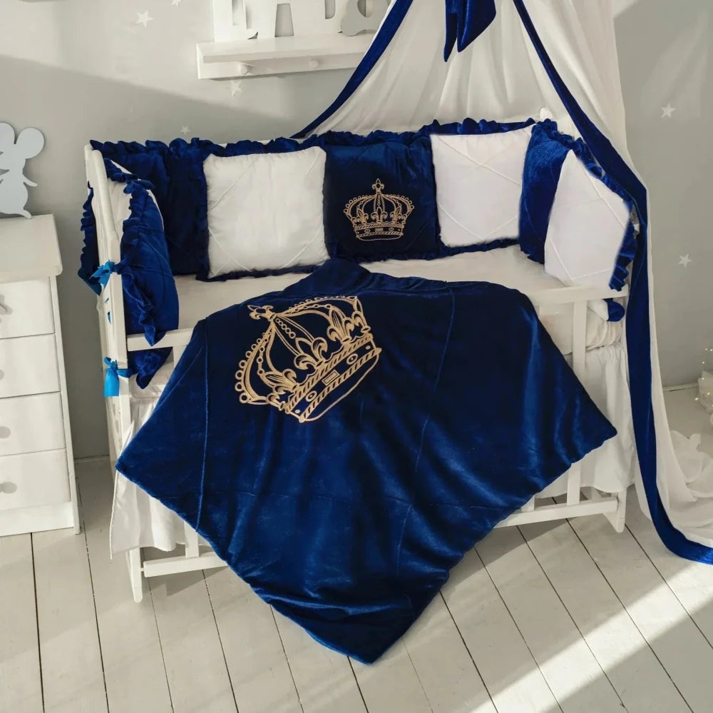 Baby Cot Set( Prince Crown White with Blue) - myhomestore.com.pk