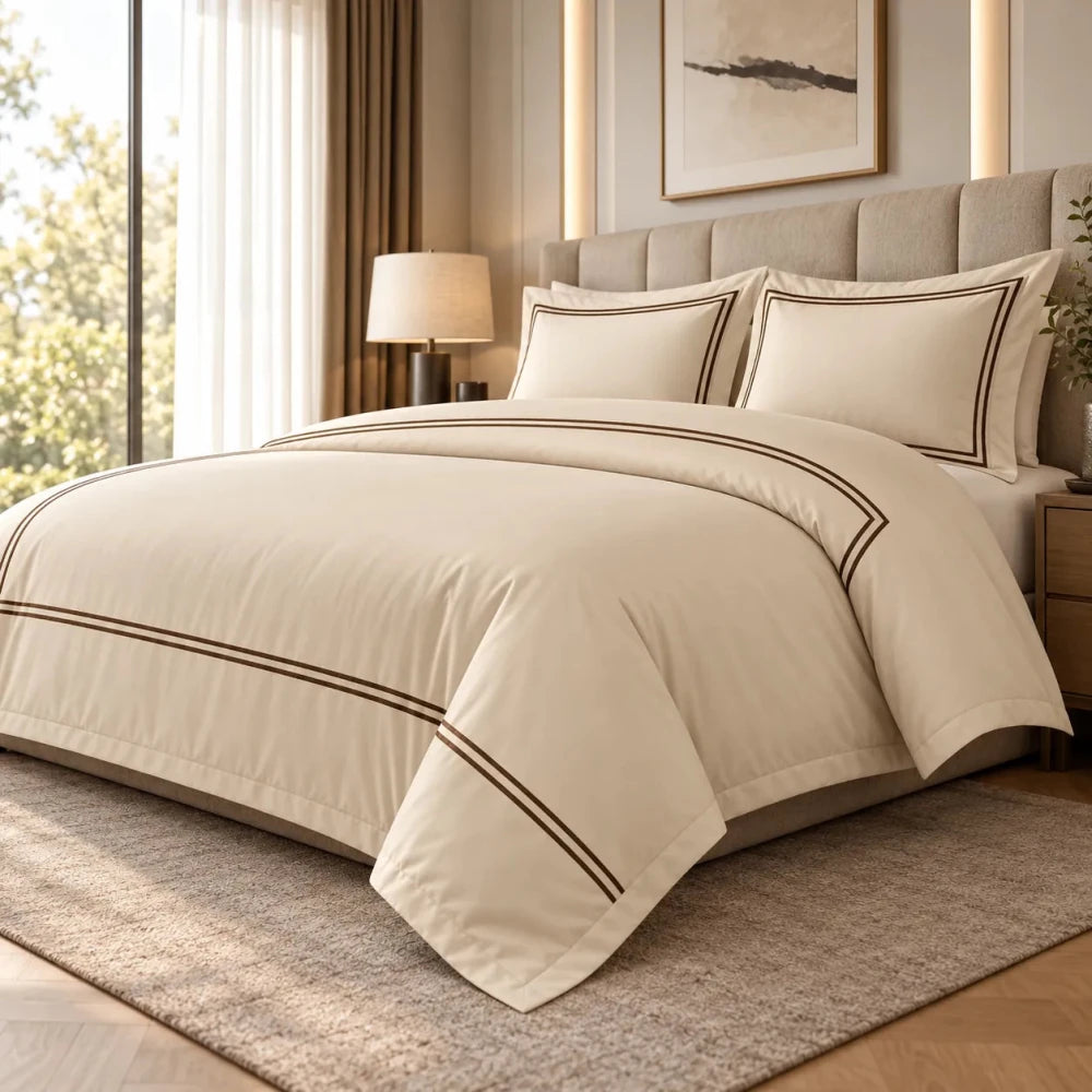 Baratta Comforter Set (Beige with Brown baratta stitch) - myhomestore.com.pk