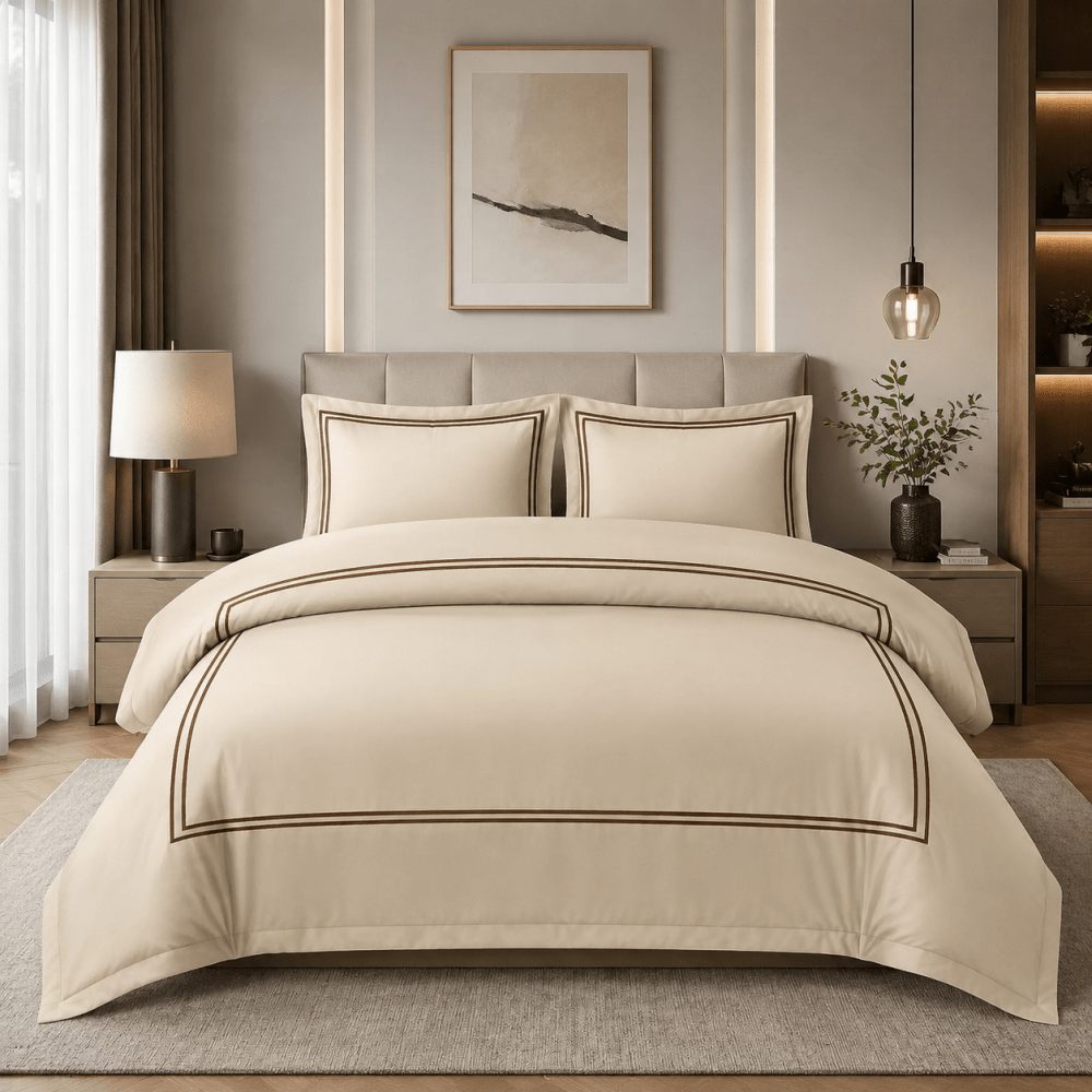 Baratta Comforter Set (Beige with Brown baratta stitch) - myhomestore.com.pk