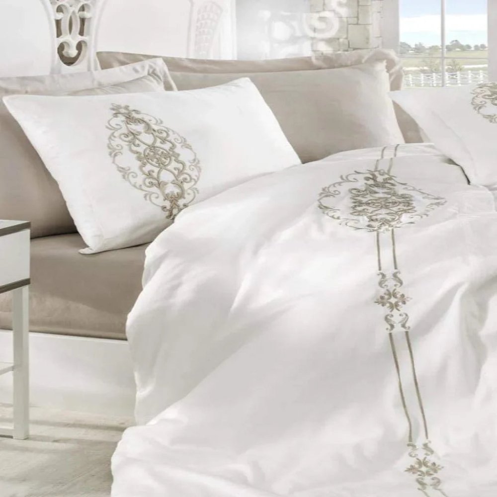 Beige & white Embroidery Duvet Set - myhomestore.com.pk