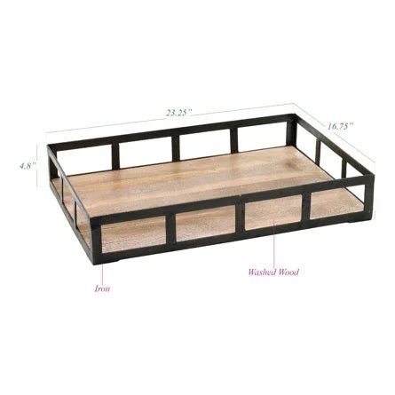 Black and Brown Rectangle Iron and Wood Tray - myhomestore.com.pk