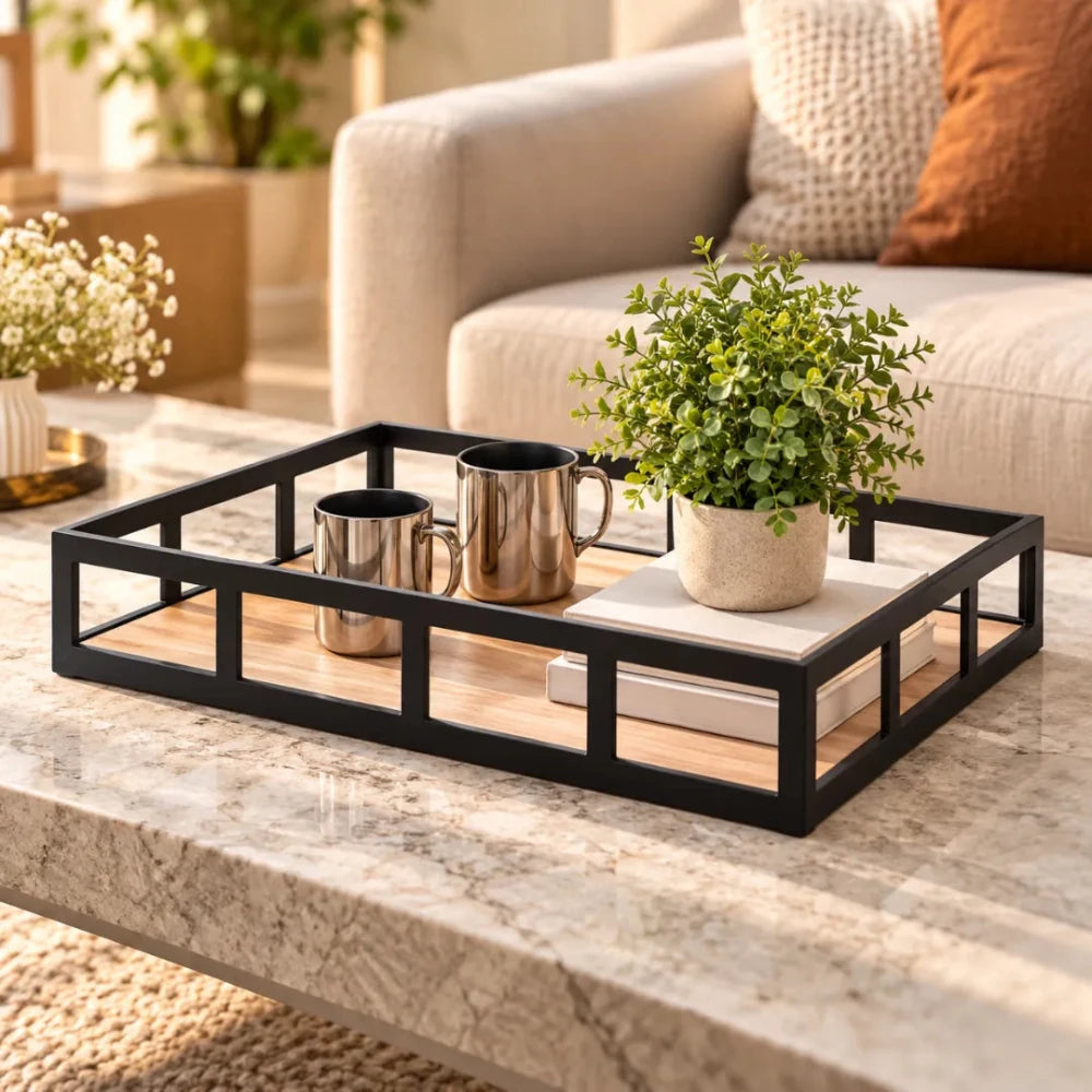 Black and Brown Rectangle Iron and Wood Tray - myhomestore.com.pk