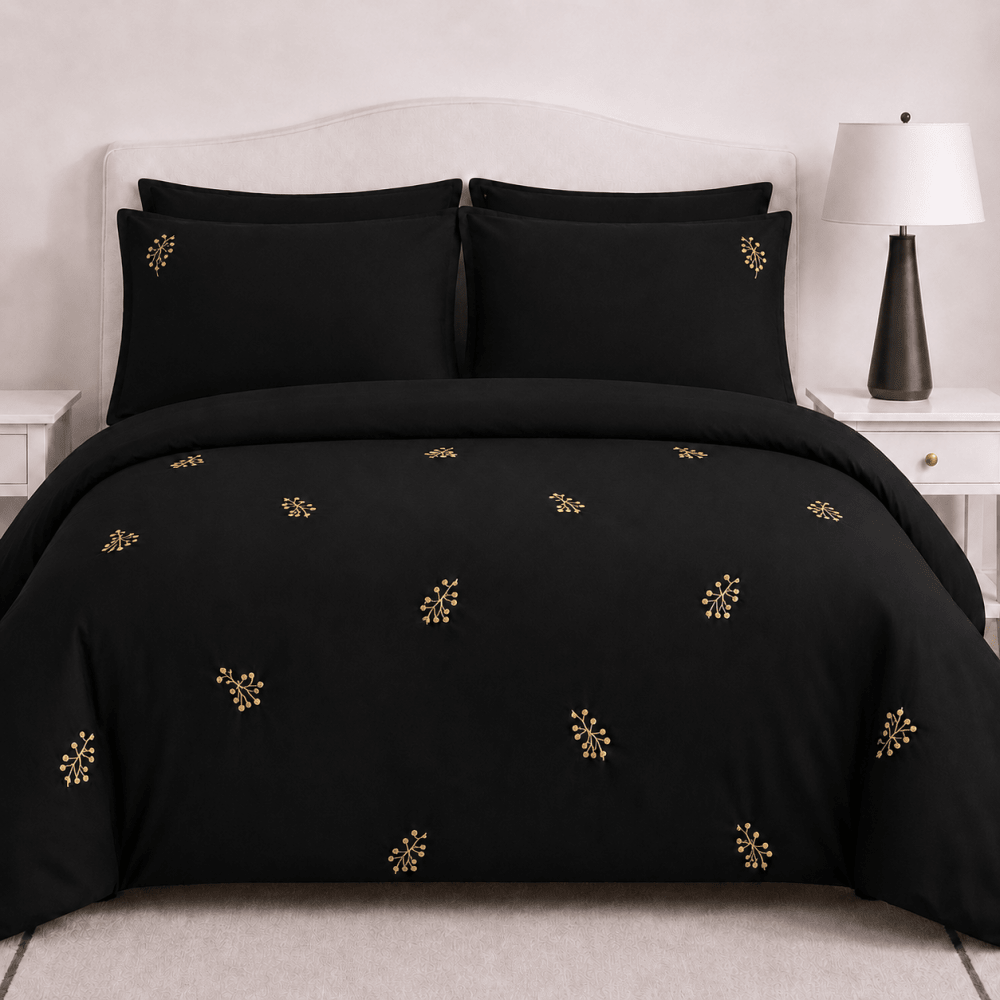 Black Gold Botanical Embroidered Duvet Cover Set - myhomestore.com.pk