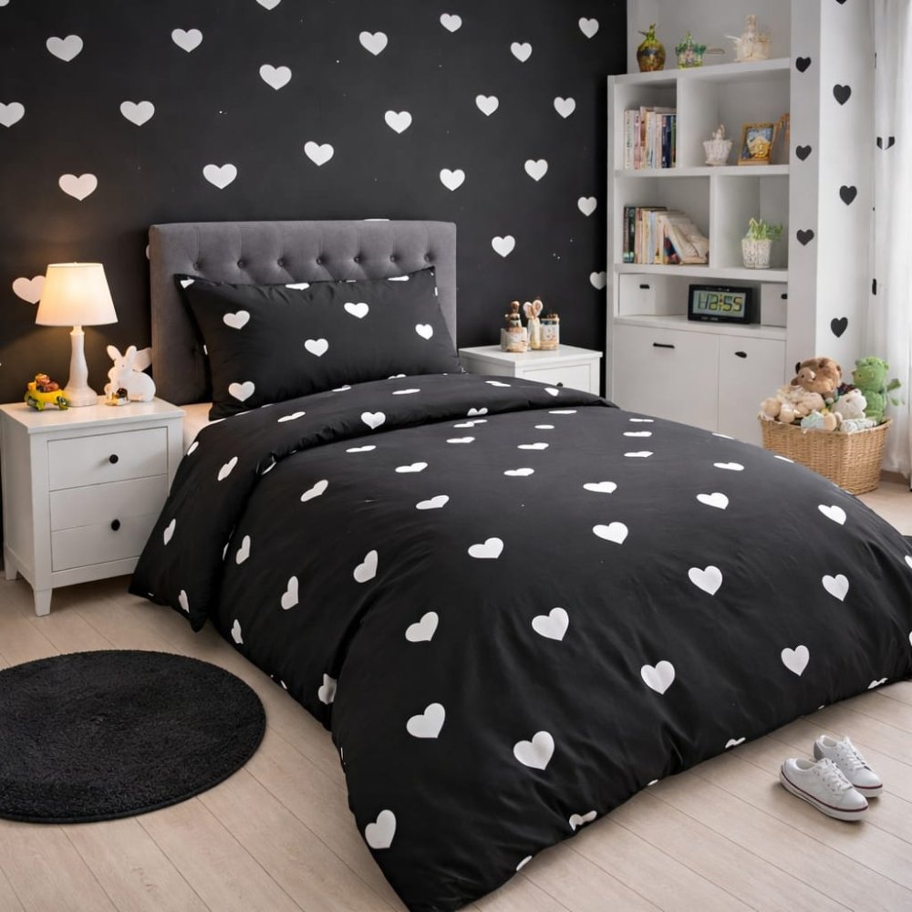 Black with white heart Theme Printed Bed - sheet - myhomestore.com.pk