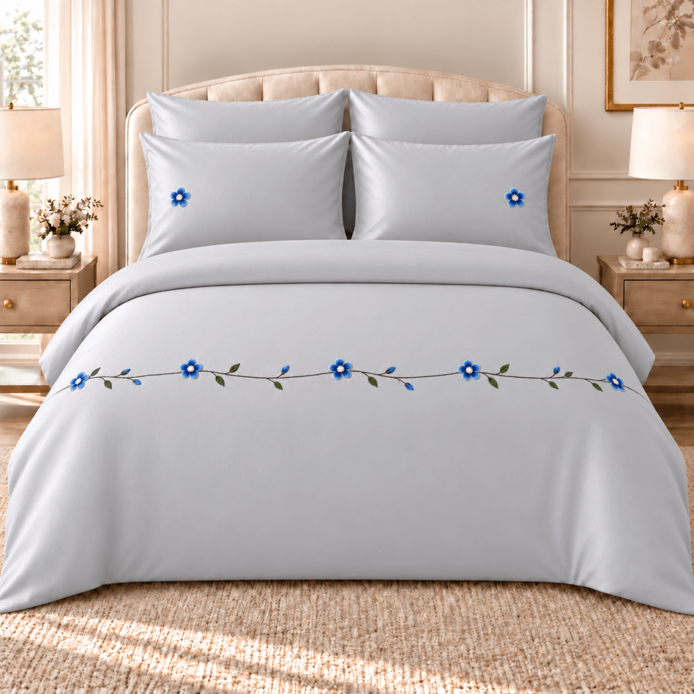 Blue Blossom Light Grey Embroidered Bedding Set - myhomestore.com.pk