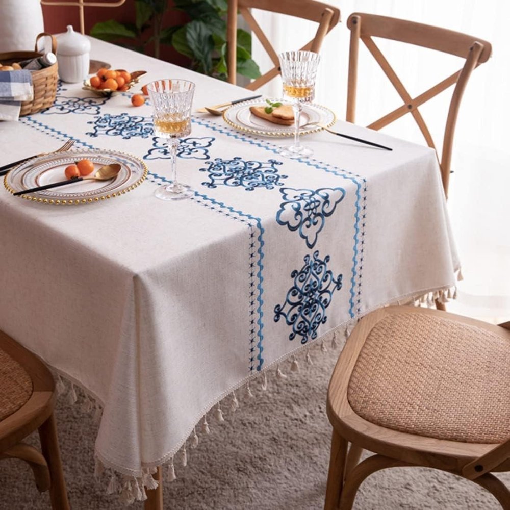 Blue Embroidered Cotton Table Cover - myhomestore.com.pk