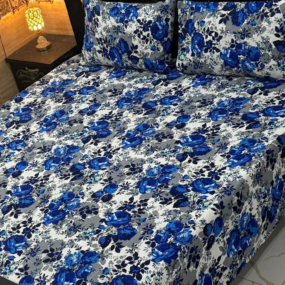 Blue Floral Print Bedsheet – King Size - myhomestore.com.pk