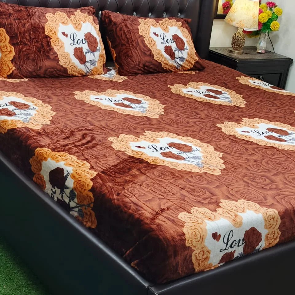 Bright & Elegant White & Orange Floral “Love” Fleece Bed Set - myhomestore.com.pk