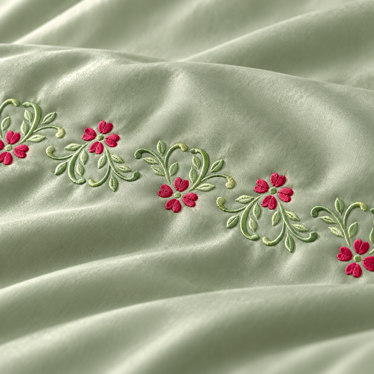 Ruby Blossom Sage Green Embroidered Bedding Set