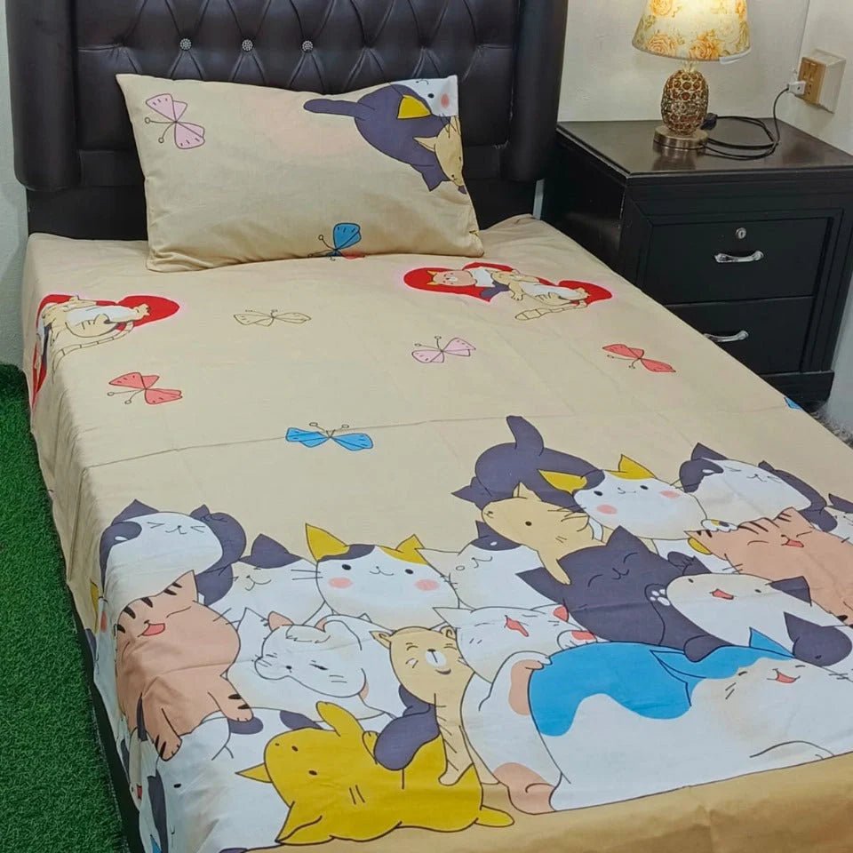 Cat Printed Kids Bed - Sheet - myhomestore.com.pk