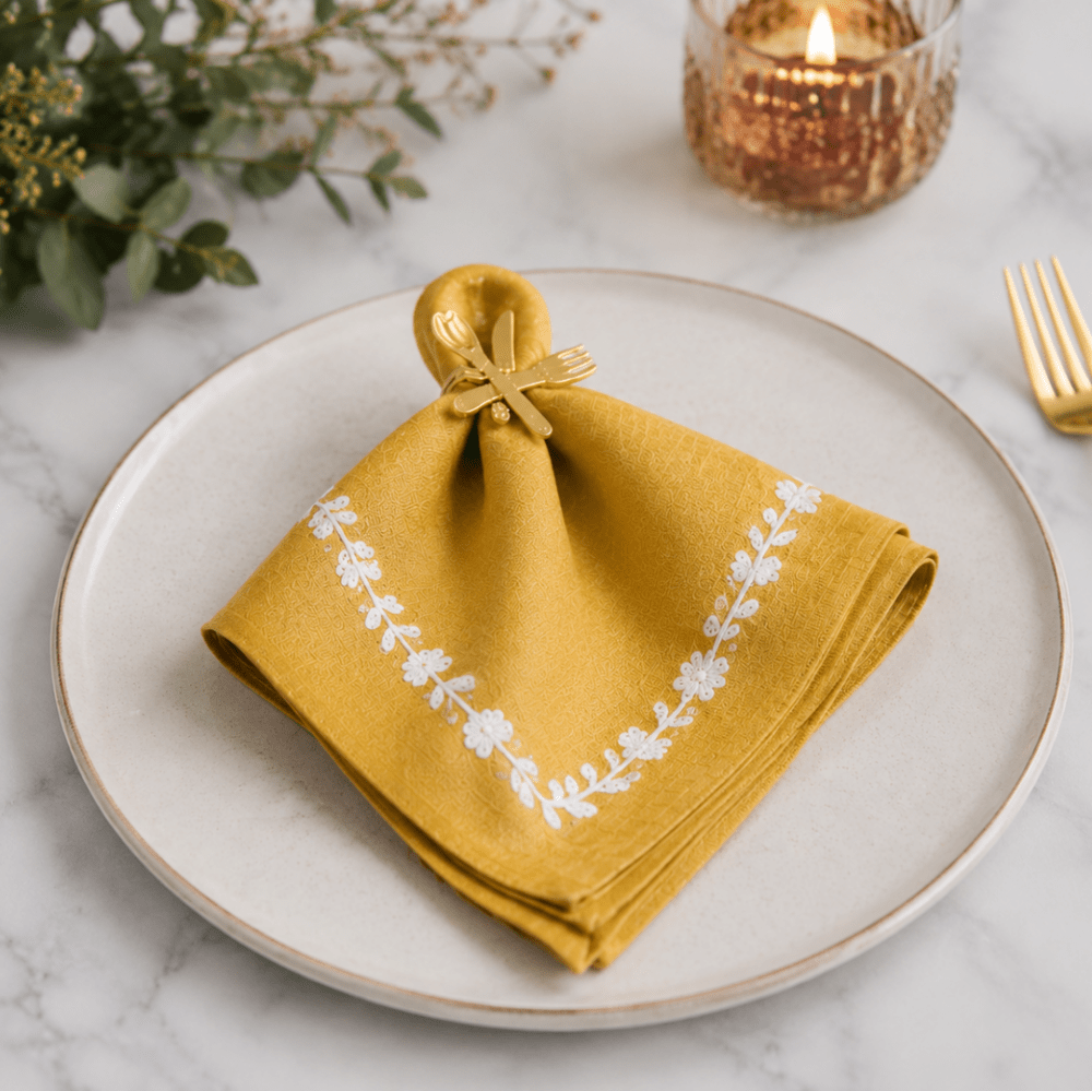 Chic Mustard Yellow Embroidered Table Mat Set for Dining - myhomestore.com.pk