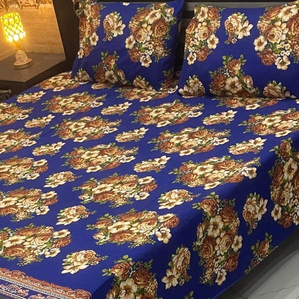 Classic Blue Floral Double Bed Printed Bedsheet - myhomestore.com.pk