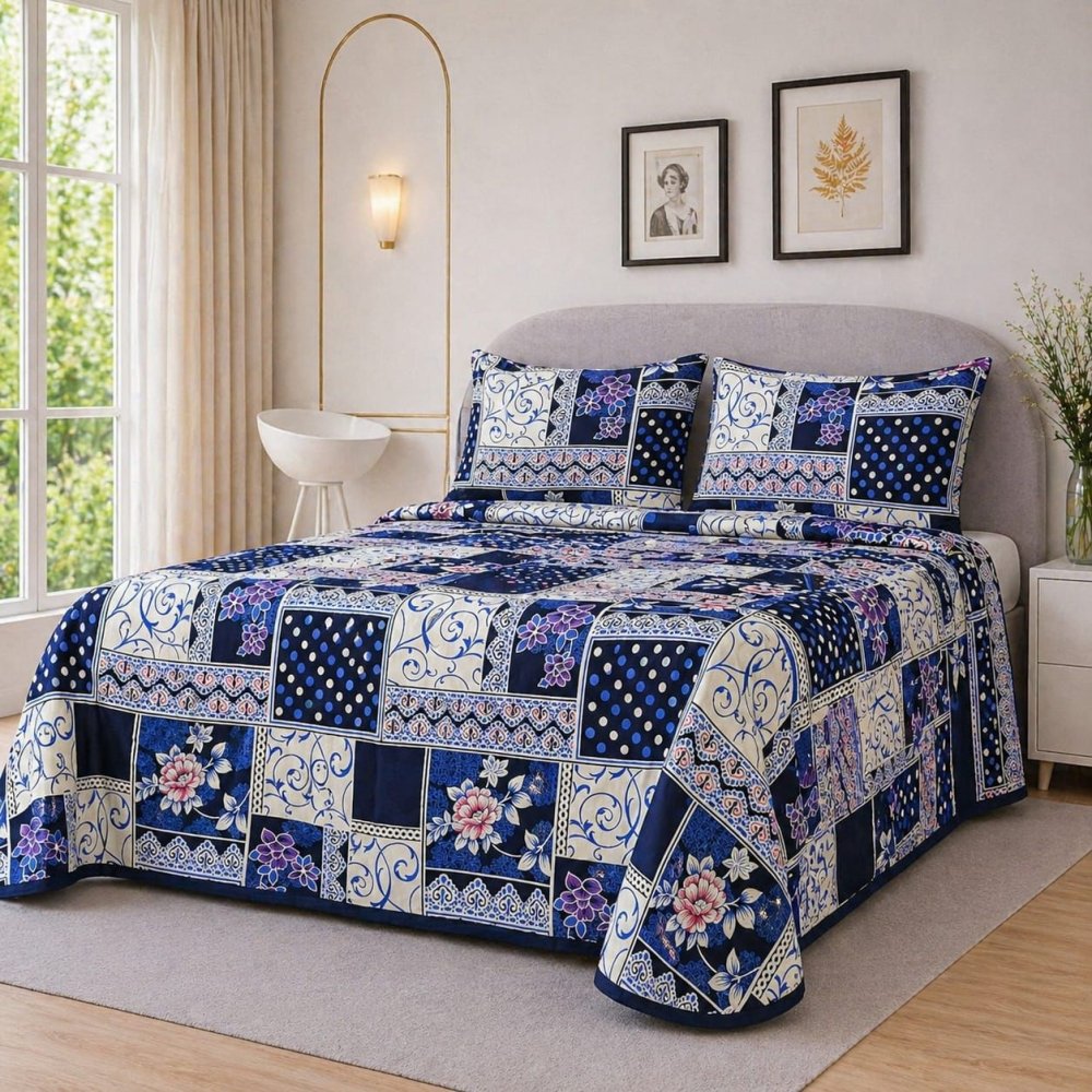 Classic Floral Patchwork Printed Bedsheet – King Size Bedding - myhomestore.com.pk