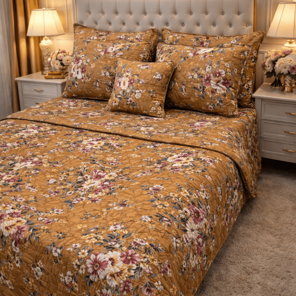 Classic Floral Printed Bedspread Set – 7 Pcs - myhomestore.com.pk