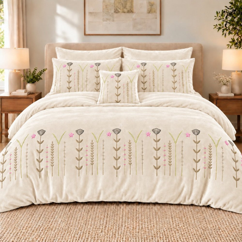Classic Off-White Wildflower Embroidered Velvet Duvet Set - myhomestore.com.pk