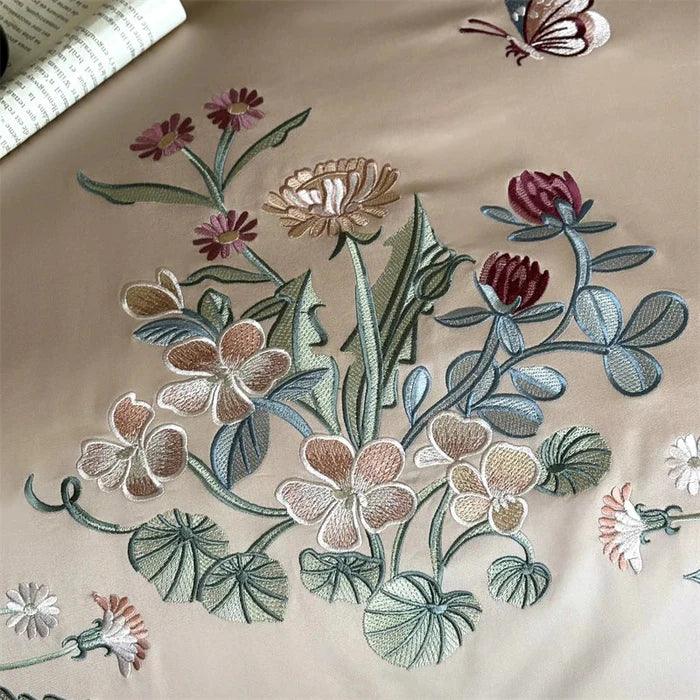 Cotton Butterfly Flowers Embroidery Duvet Set with Duvet Cover, Sheet, Pillowcases - myhomestore.com.pk