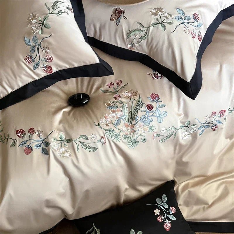 Cotton Butterfly Flowers Embroidery Duvet Set with Duvet Cover, Sheet, Pillowcases - myhomestore.com.pk