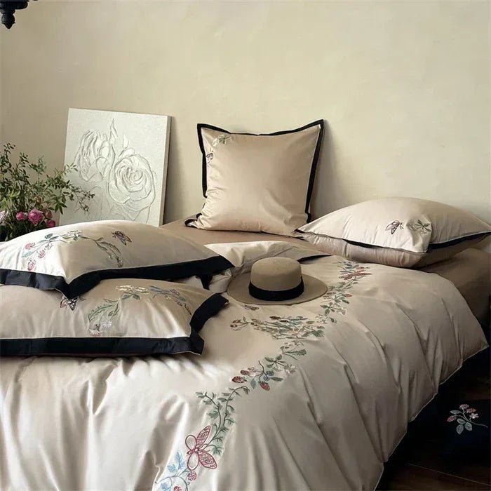 Cotton Butterfly Flowers Embroidery Duvet Set with Duvet Cover, Sheet, Pillowcases - myhomestore.com.pk