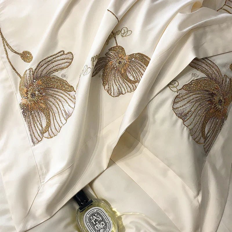 Cotton Satin Flower Embroidery Duvet Set - myhomestore.com.pk