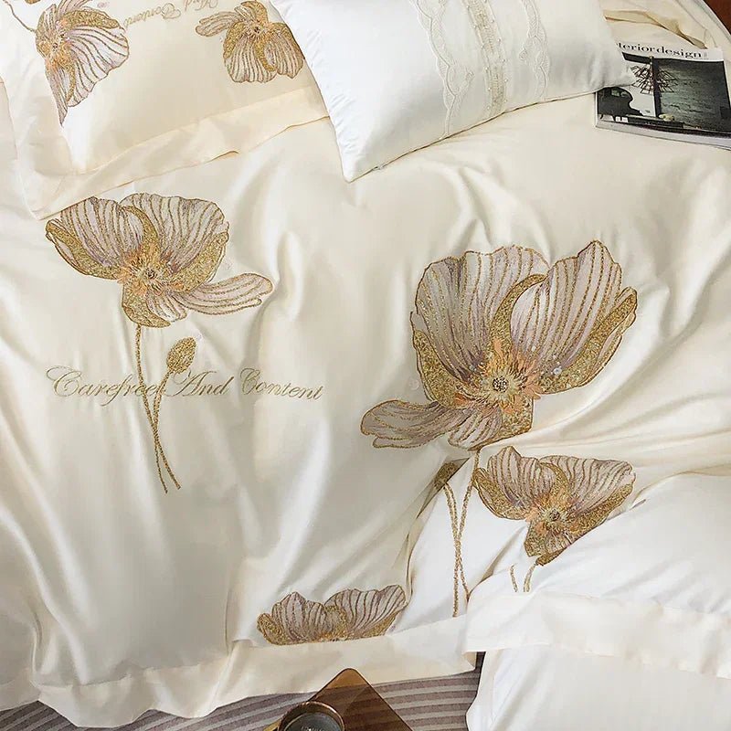 Cotton Satin Flower Embroidery Duvet Set - myhomestore.com.pk