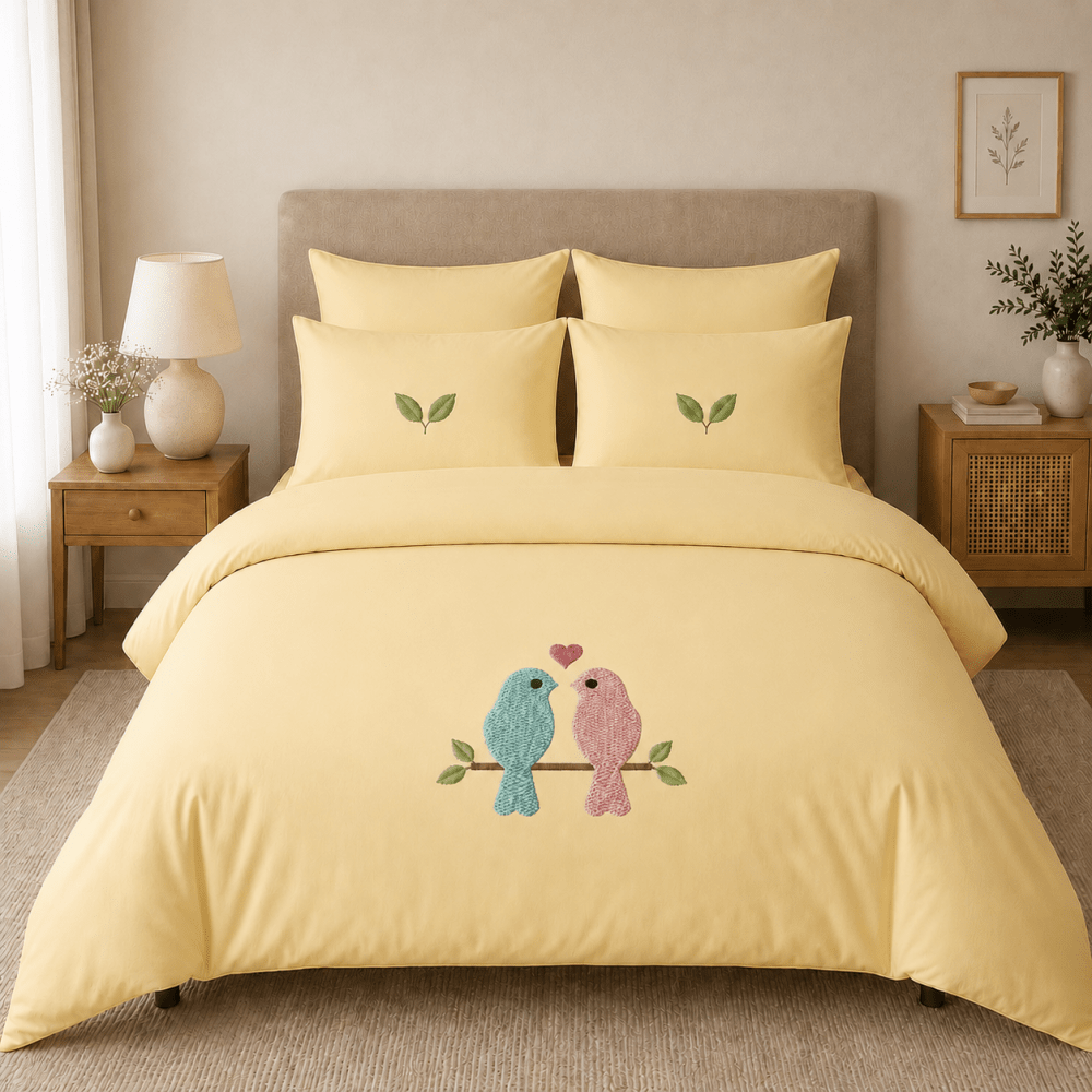 Cute Love Birds Nature Embroidered Bedding Set - myhomestore.com.pk