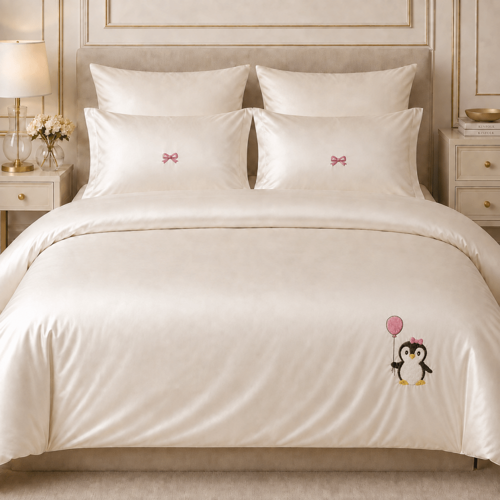 Cute Penguin Balloon Embroidered Bedding Set - myhomestore.com.pk