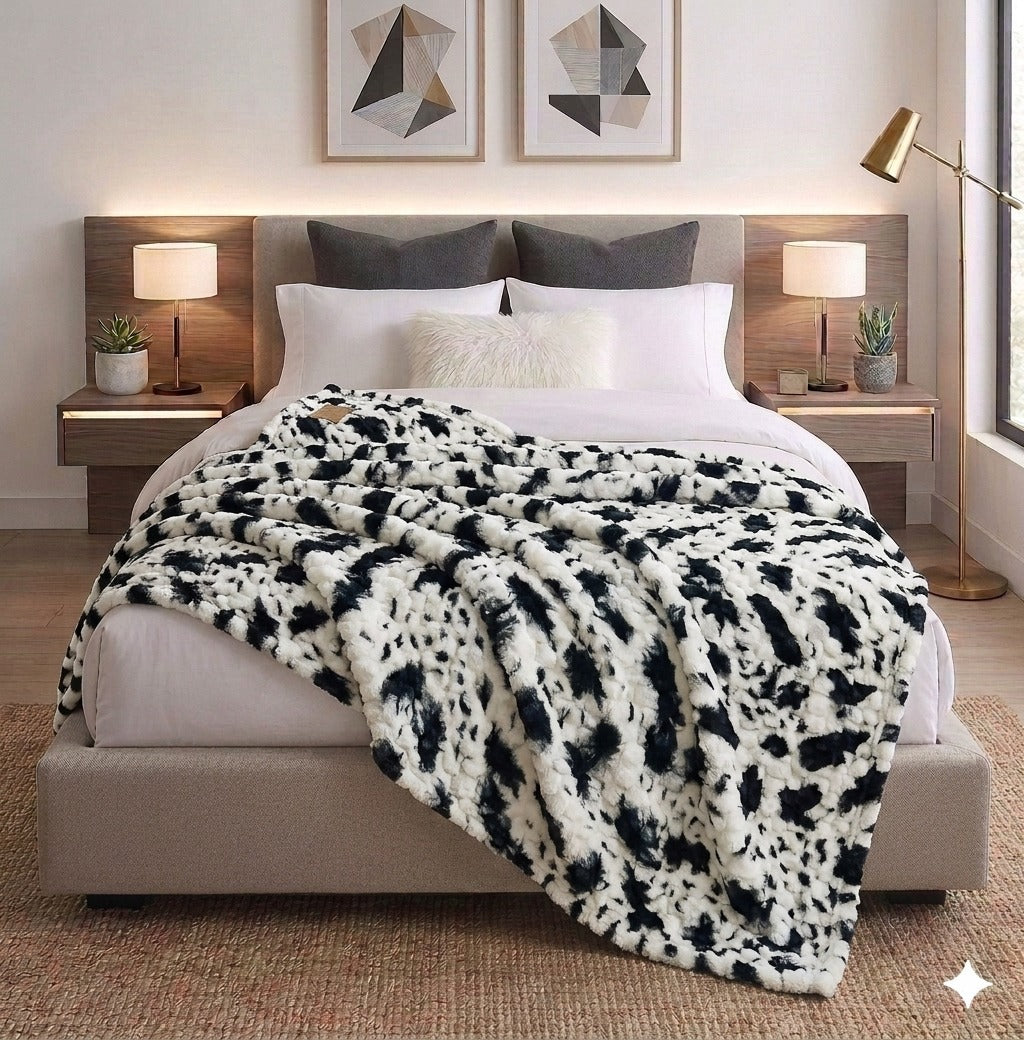 Luxury Reversible Faux Fur Throw Blanket – Black & White Animal Print Pattern
