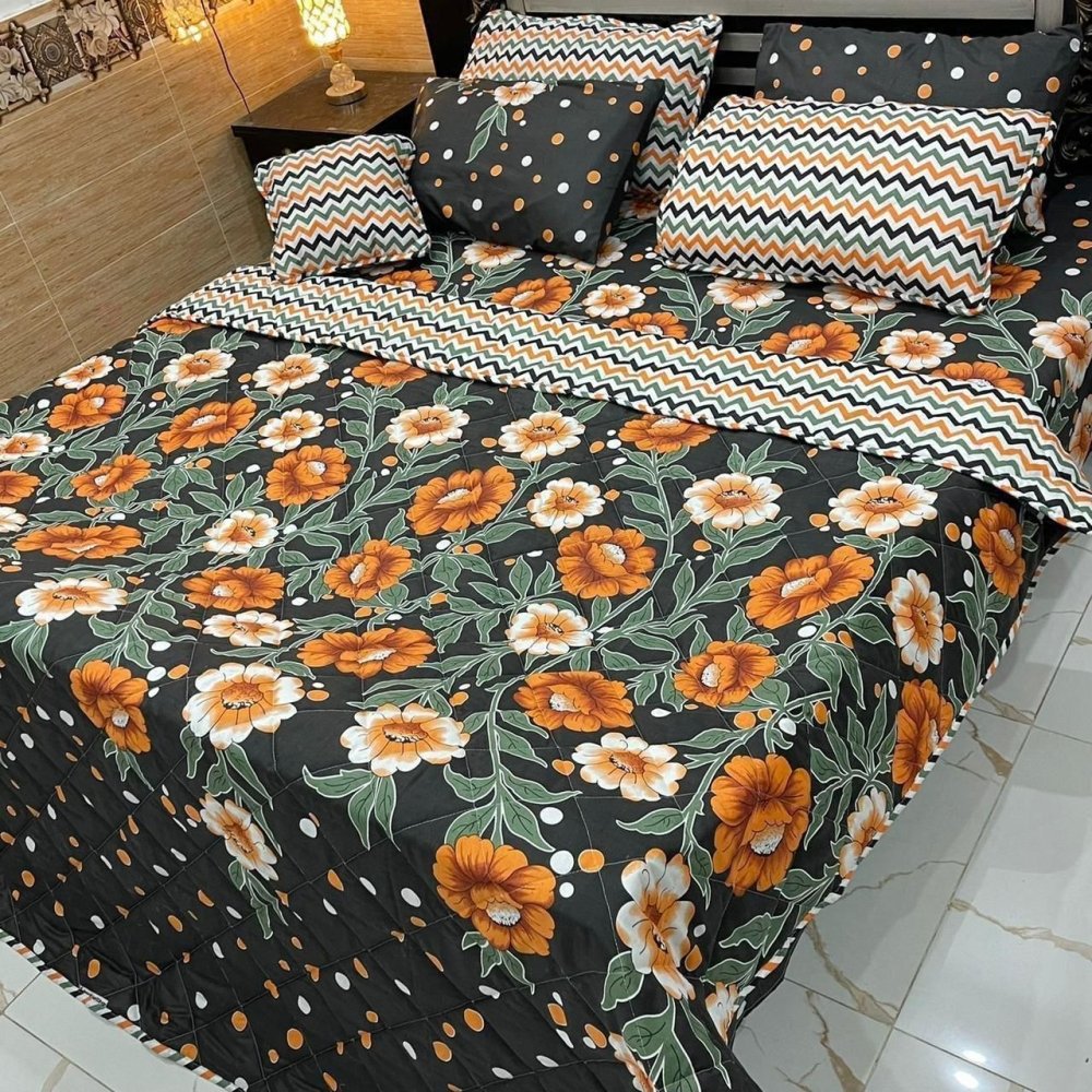 Designer Printed Bedspread with Cushion Covers – 7 Pcs - myhomestore.com.pk