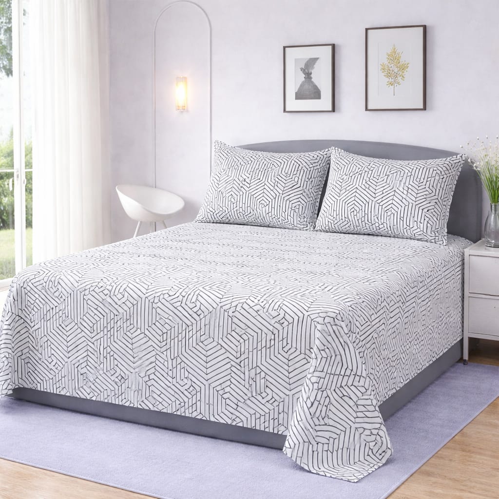 Grey Geometric Printed Bedsheet