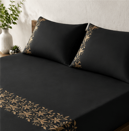 Elegant Black & Gold Floral Embroidery Bedding Set - myhomestore.com.pk