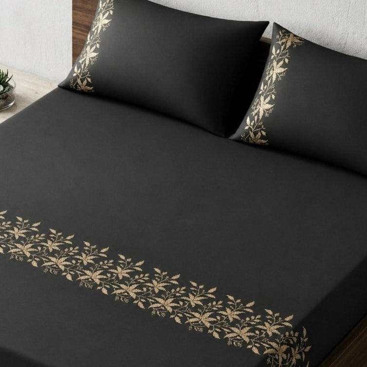 Elegant Black & Gold Floral Embroidery Bedding Set - myhomestore.com.pk