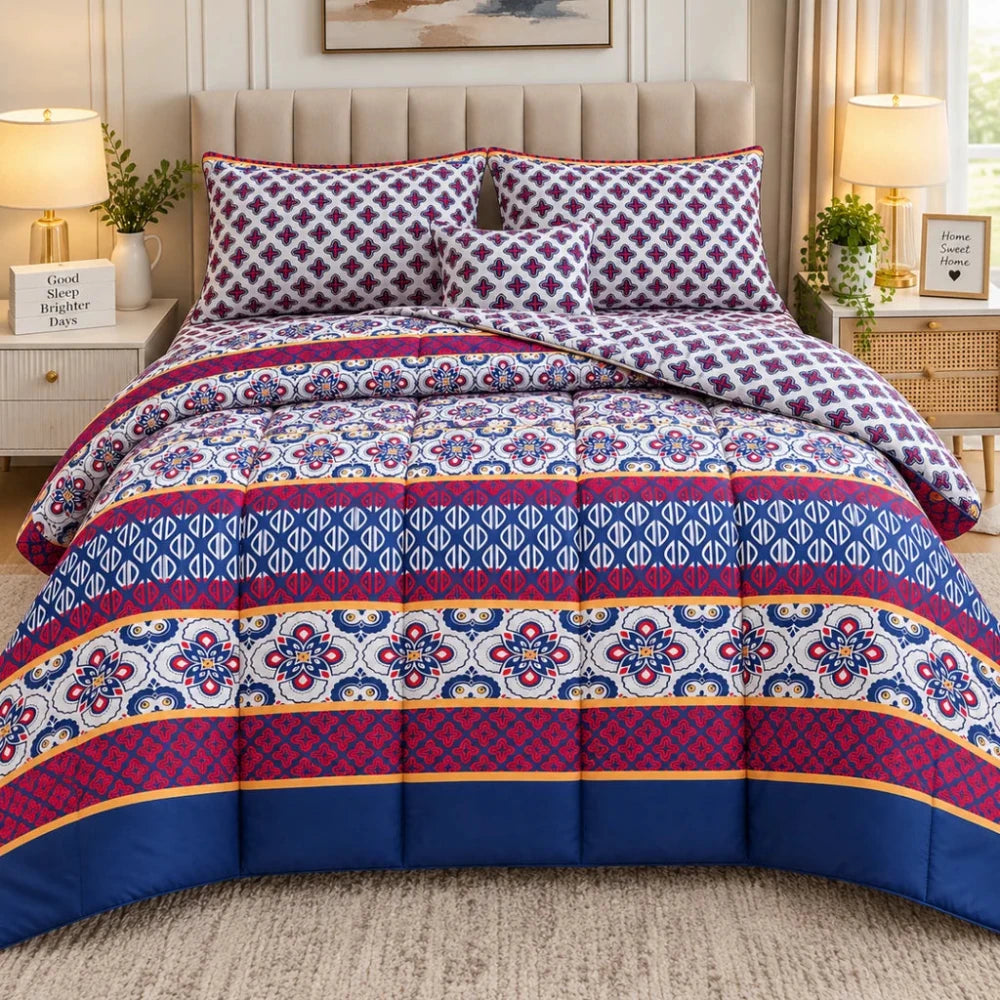 Elegant Blue & Red Traditional 7Pc Bedspread Set - myhomestore.com.pk