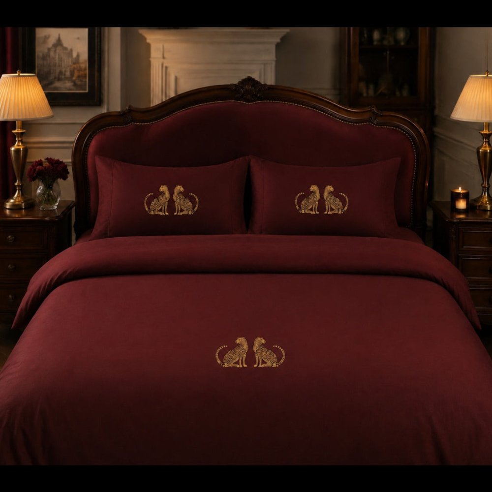 Elegant Burgundy Panther Embroidered Premium Bedding Set - myhomestore.com.pk