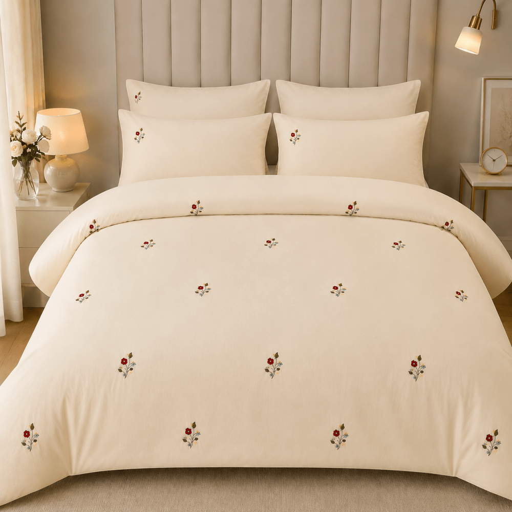 Elegant Cream Floral Embroidered Bedding Set - myhomestore.com.pk
