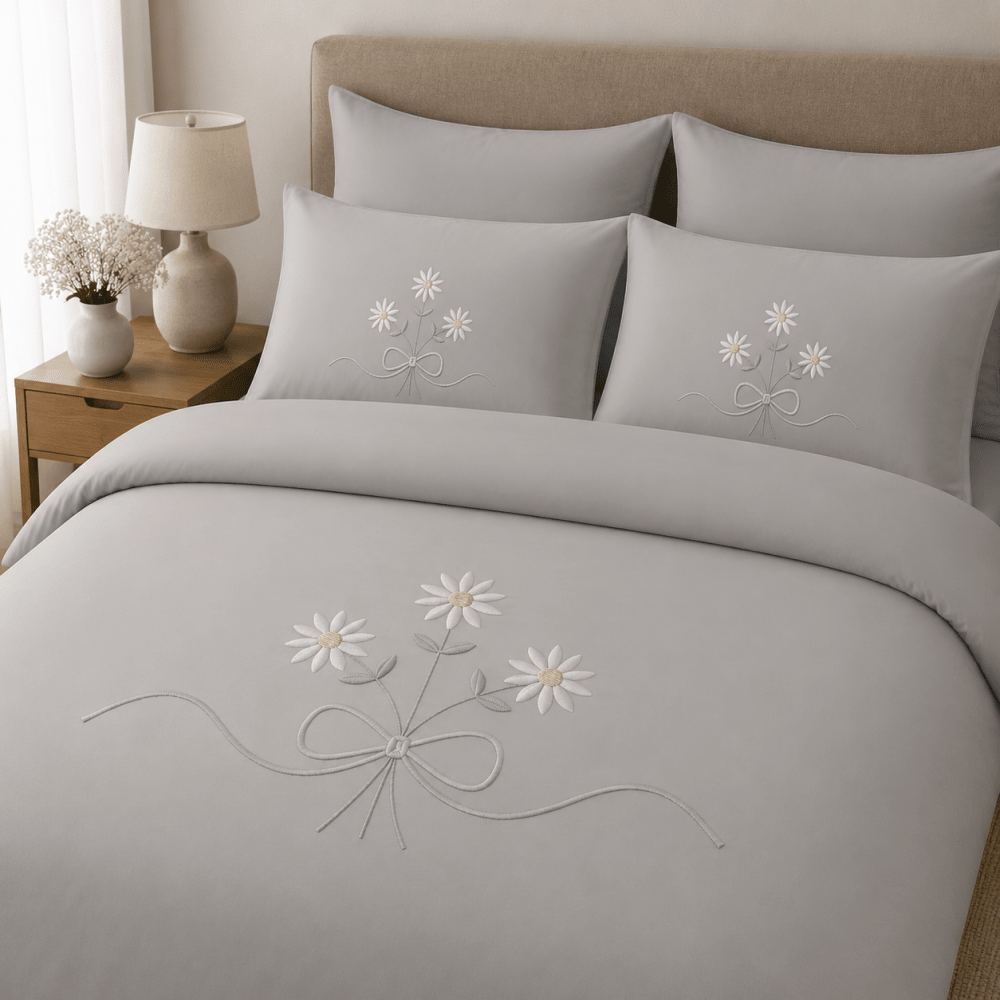 Elegant Grey Daisy Embroidered Bedding Set - myhomestore.com.pk