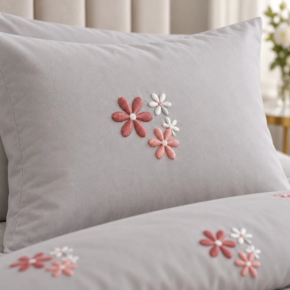 Elegant Grey Floral Embroidery Bedding Set - myhomestore.com.pk