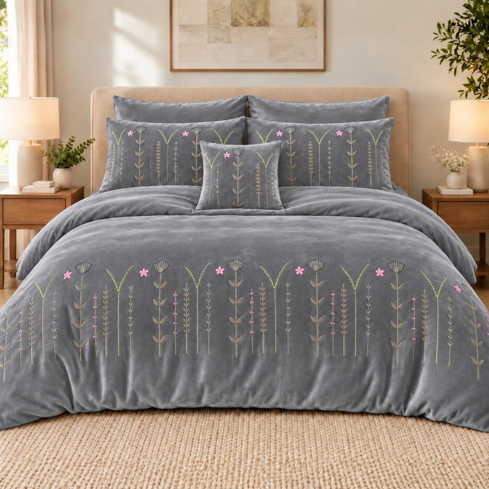 Elegant Grey Wildflower Embroidered Velvet Duvet Set - myhomestore.com.pk