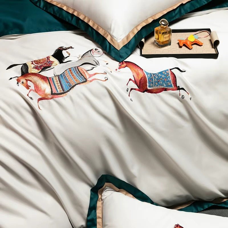 Elegant Horse Motif Embroidery Duvet Set - myhomestore.com.pk
