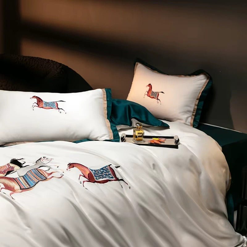 Elegant Horse Motif Embroidery Duvet Set - myhomestore.com.pk