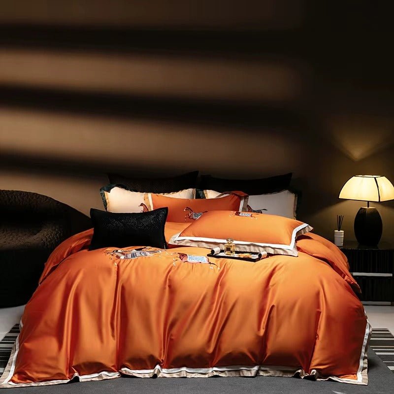 Elegant Horse Motif Embroidery Duvet Set - myhomestore.com.pk