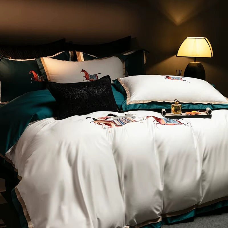 Elegant Horse Motif Embroidery Duvet Set - myhomestore.com.pk