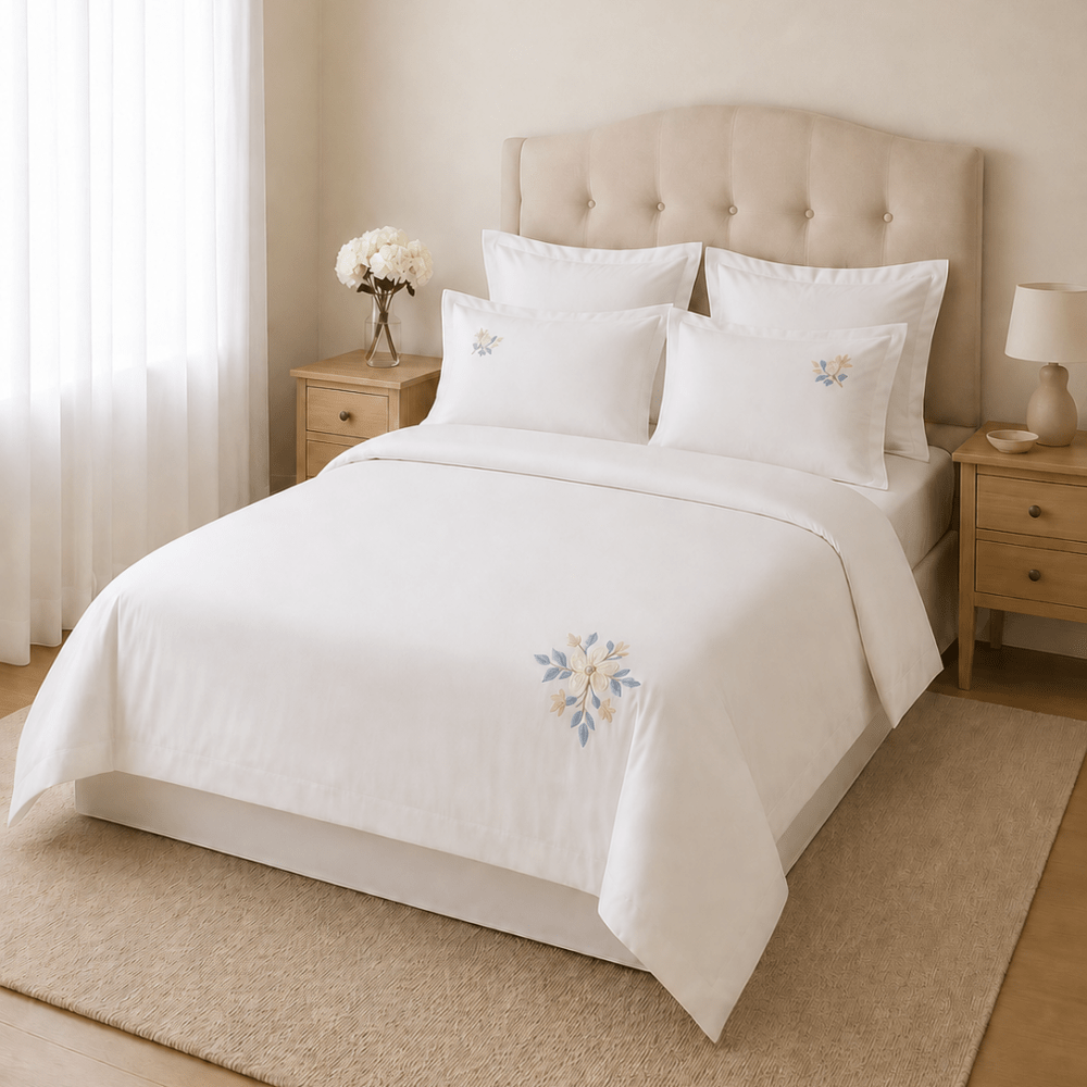 Elegant Pastel Flower Embroidery Duvet Set - myhomestore.com.pk