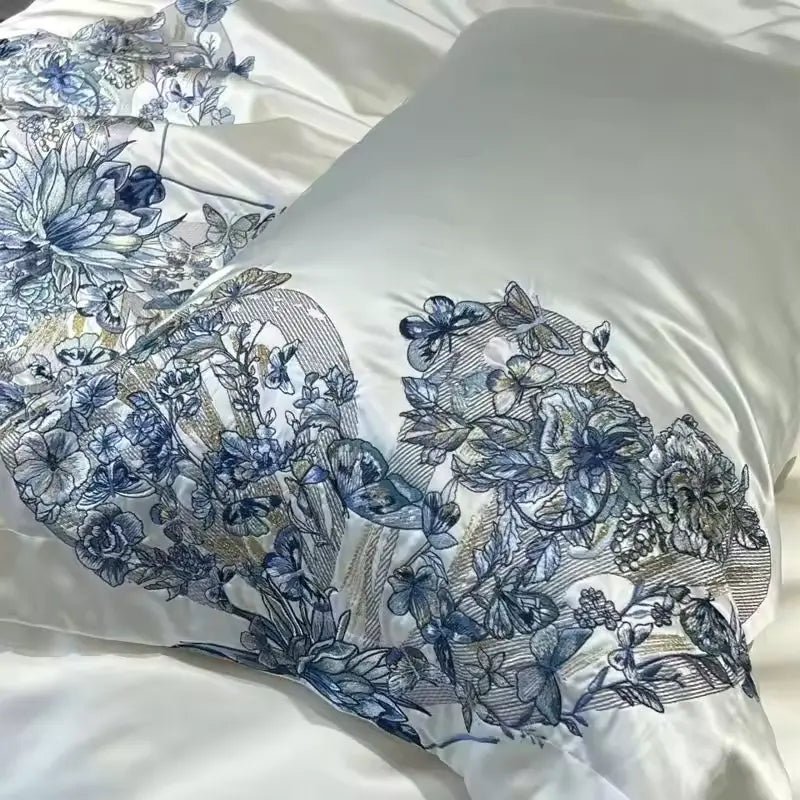 Enchanted Blue Floral Butterfly Embroidery Duvet Set | Classic Embroidery Elegance - myhomestore.com.pk