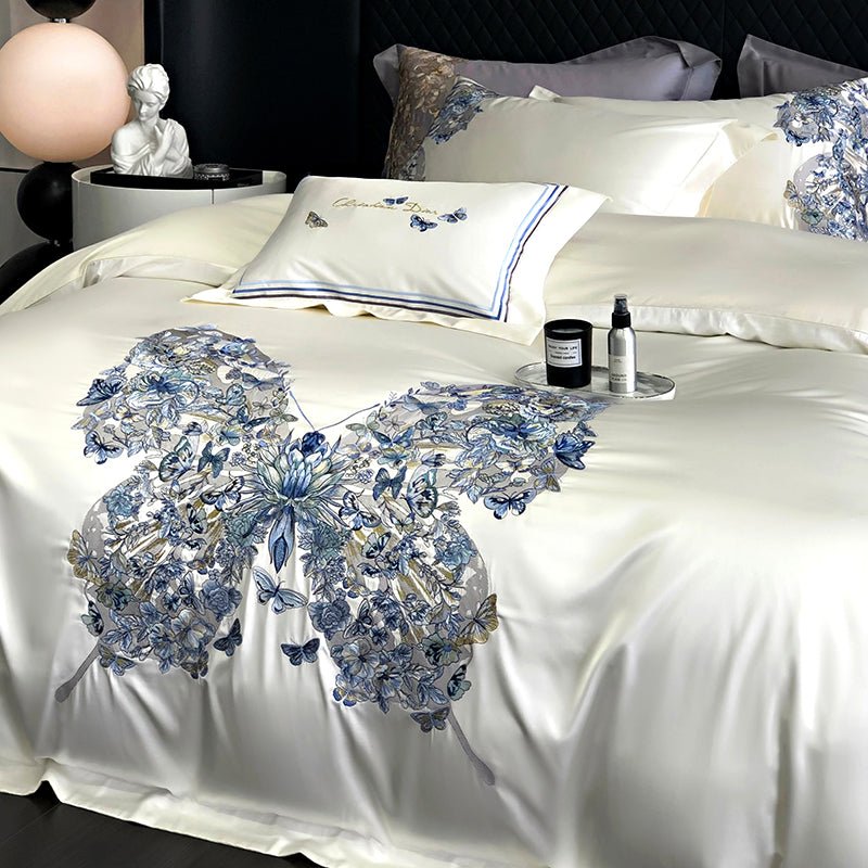 Enchanted Blue Floral Butterfly Embroidery Duvet Set | Classic Embroidery Elegance - myhomestore.com.pk