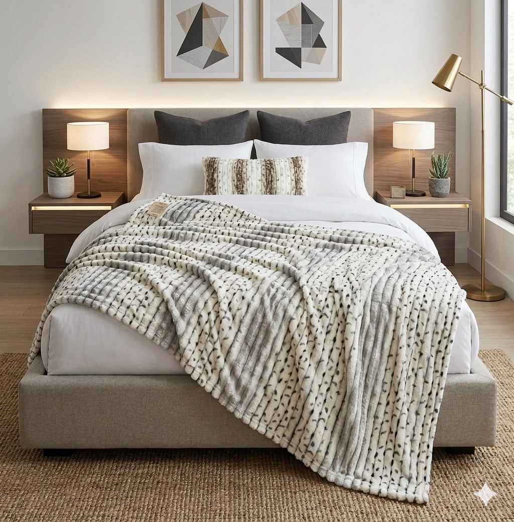 Luxury Reversible Faux Fur Throw Blanket – Grey & White Pattern