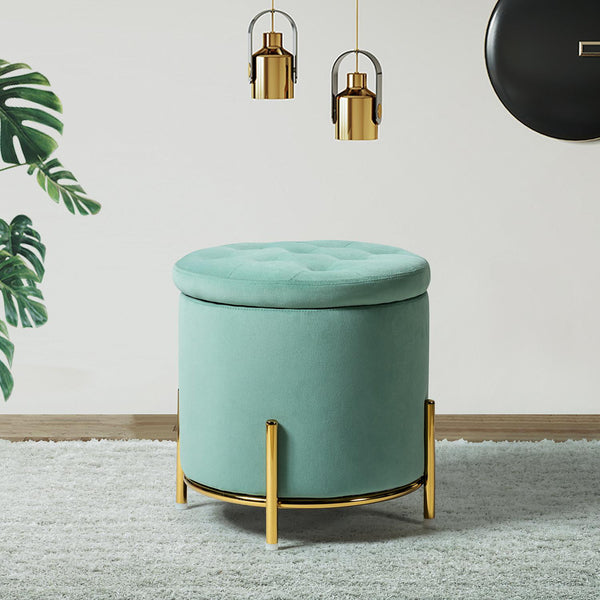 Velvet Round Storage Ottoman with Removable Lid, Gold Metal Legs