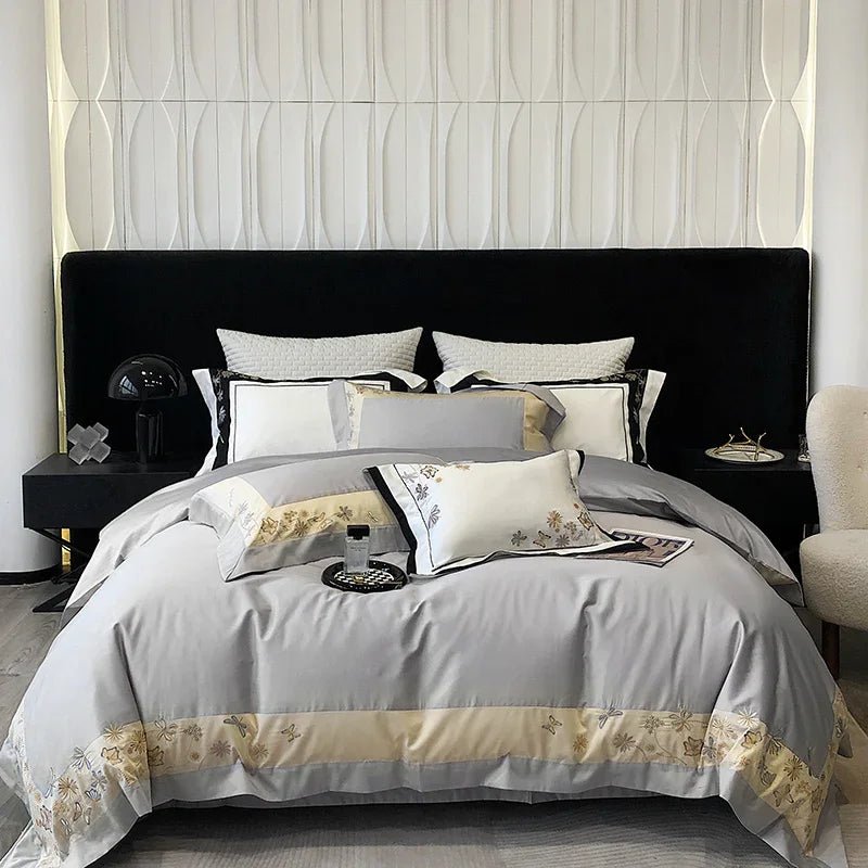 Flowers Butterfly Dragonfly Embroidery Duvet Set - myhomestore.com.pk