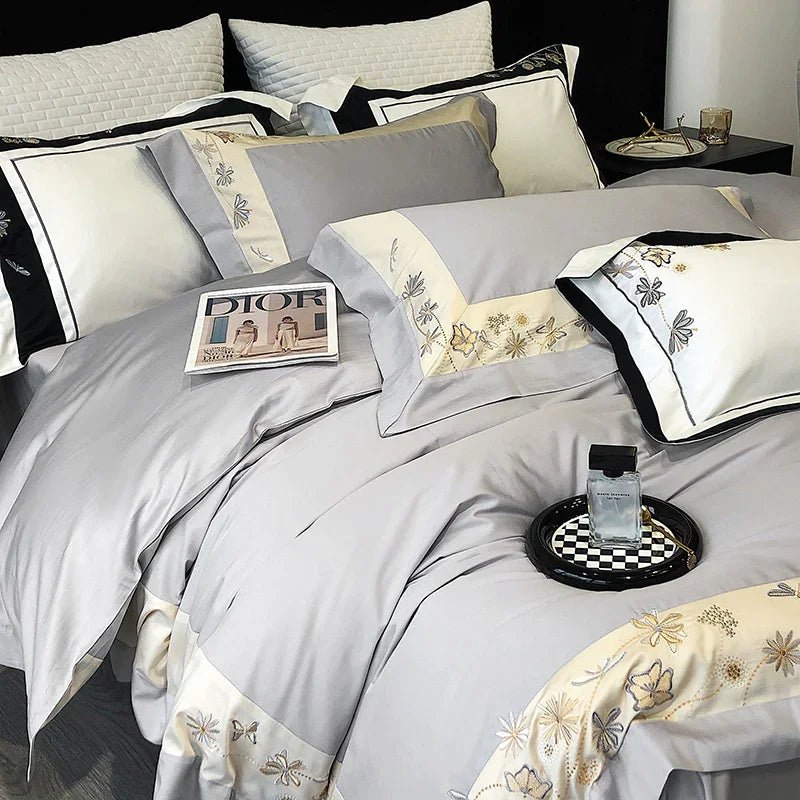 Flowers Butterfly Dragonfly Embroidery Duvet Set - myhomestore.com.pk