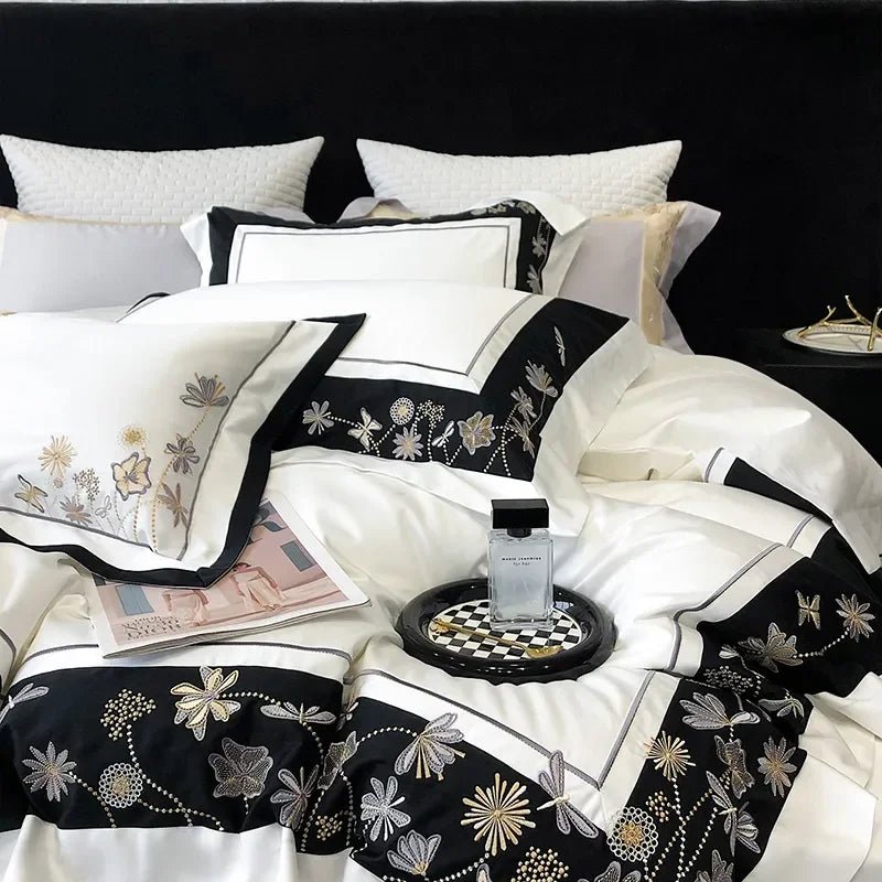 Flowers Butterfly Dragonfly Embroidery Duvet Set - myhomestore.com.pk